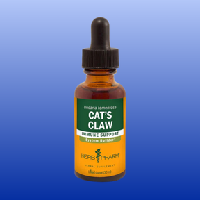 Herb Pharm Cat's Claw immune support herbal supplement tincture bottle with dropper on blue background