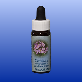 Centaury Flower Essence 0.25 oz herbal supplement bottle with pink Centaurium erythraea flowers on label