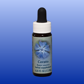 Bottle of Cerato Flower Essence herbal supplement with blue flower on label, 0.25 oz dropper bottle against blue background