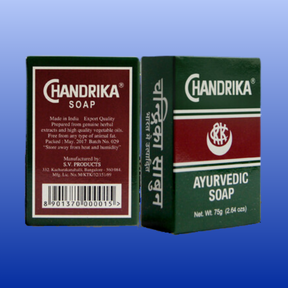 Chandrika Ayurvedic Bar Soap packaging showing green and maroon box with herbal and vegetable oil ingredients, made in India