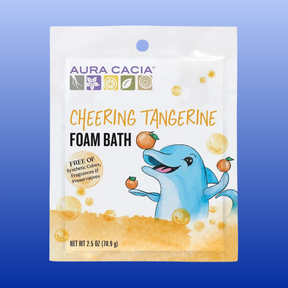 Aura Cacia Cheering Tangerine Foam Bath sachet with dolphin illustration and tangerine bubbles for kids' bath time fun.