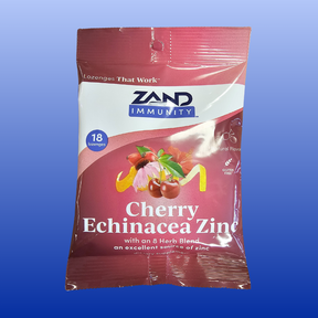 Zand Immunity Cherry Echinacea Zinc cough drops packet with 18 cherry-flavored lozenges for throat support and immune health