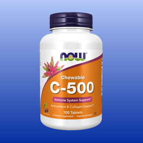 Bottle of NOW brand Chewable Vitamin C-500 Cherry flavor tablets supporting immune and collagen health, 100 count.