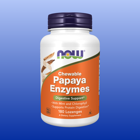 Bottle of NOW Chewable Papaya Enzymes with Mint and Chlorophyll for digestive support and protein digestion, 180 lozenges