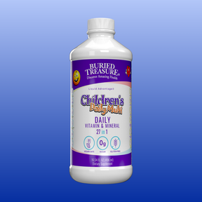 Bottle of Buried Treasure Children's Daily Liquid Multivitamin and Mineral supplement 16.5 fl oz with purple label