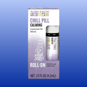 Aura Cacia Chill Pill Calming Essential Oil Roll-On in 0.31 oz bottle with purple and white packaging