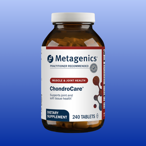 Bottle of Metagenics ChondroCare dietary supplement with 240 tablets for muscle and joint health support