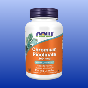 Bottle of Now brand Chromium Picolinate 250 vegetable capsules supporting healthy glucose metabolism and insulin co-factor.