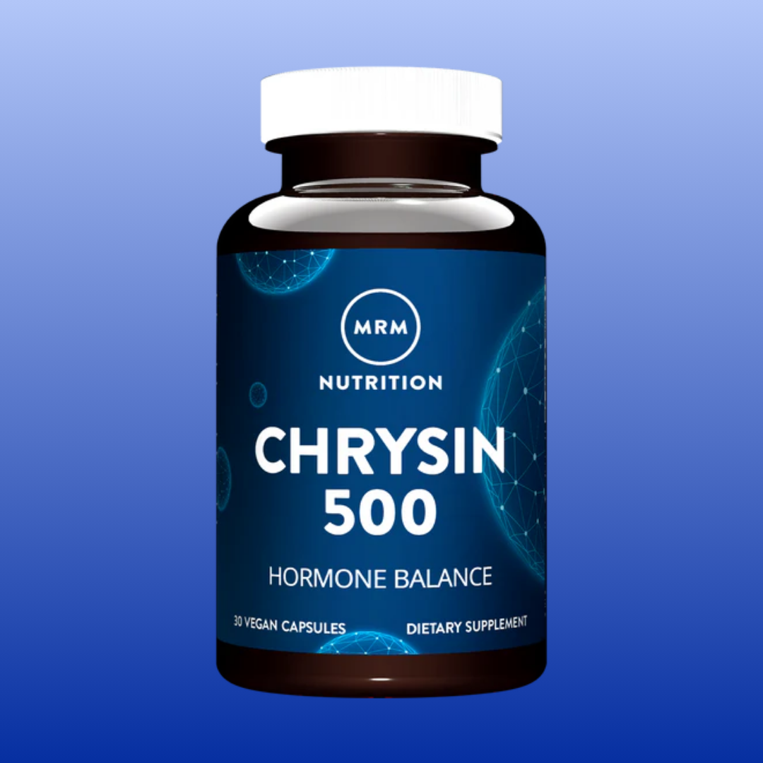 MRM Nutrition Chrysin 500 mg bottle with 30 vegan capsules for hormone balance dietary supplement