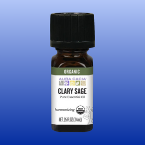 Bottle of organic Clary Sage essential oil 0.25 fl oz with black cap and white label on blue background