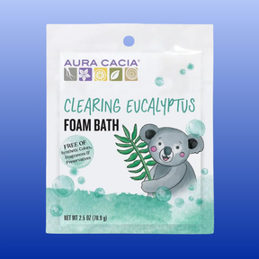 Aura Cacia Clearing Eucalyptus Foam Bath 2.5 oz with eucalyptus scent and kid-friendly formula shown in sachet packaging