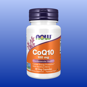 Bottle of NOW CoQ10 100 mg with Hawthorn Berry dietary supplement for cardiovascular and energy support