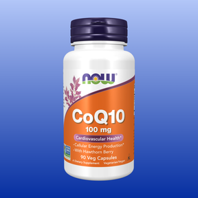 Now brand CoQ10 100 mg supplement bottle with Hawthorn Berry supporting heart and cellular energy health