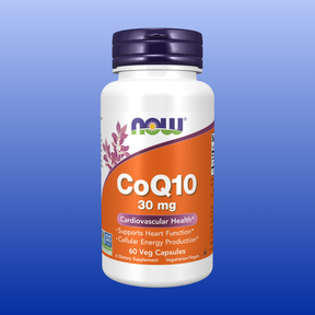 Bottle of NOW CoQ10 30 mg vegetarian capsules for cardiovascular health and cellular energy production