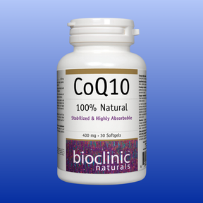 White bottle of CoQ10 400 mg softgels by bioclinic naturals, natural and highly absorbable supplement
