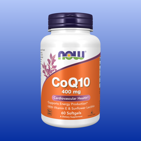 Bottle of NOW CoQ10 400 mg softgels supporting cardiovascular health and energy production with vitamin E and lecithin