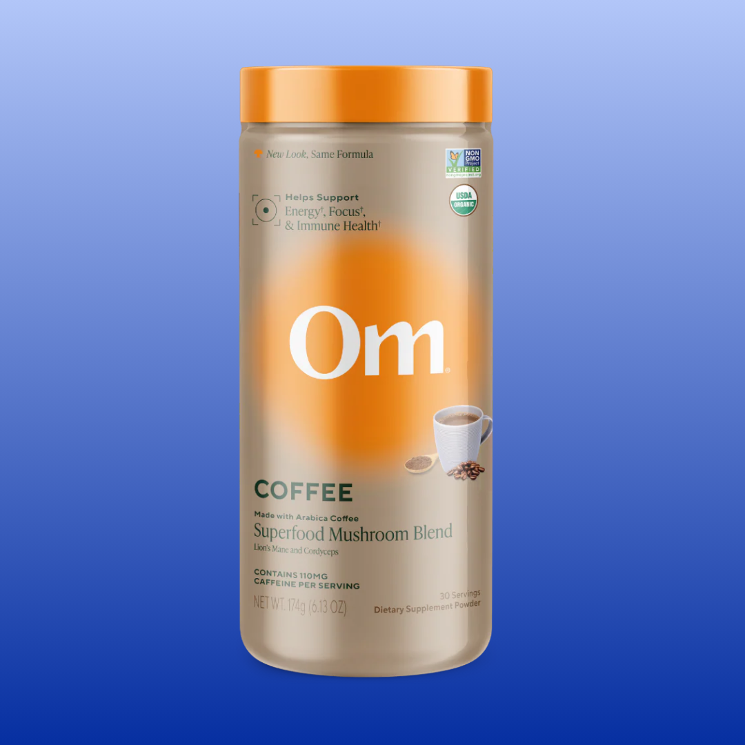 Om Coffee Superfood Mushroom Blend container on a blue background