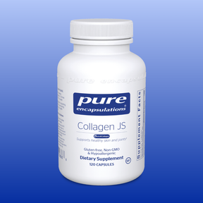 White bottle of Pure Encapsulations Collagen JS dietary supplement with 120 capsules for skin and joint health