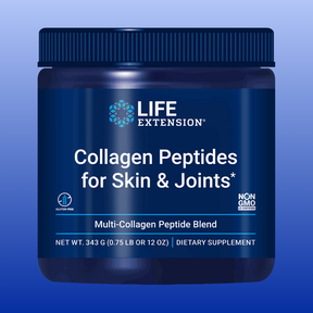 Life Extension Collagen Peptides for Skin and Joints dietary supplement in 12 oz blue container with multi-collagen peptide blend label