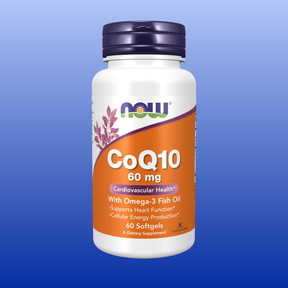 Bottle of CoQ10 60 mg with Omega-3 Fish Oil softgels supporting cardiovascular health and cellular energy production