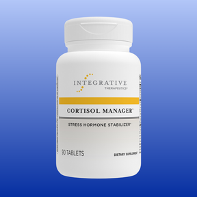 White bottle of Cortisol Manager stress hormone stabilizer supplement with 90 tablets by Integrative Therapeutics