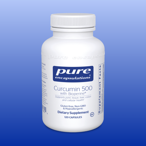 Pure Encapsulations Curcumin 500 with Bioperine dietary supplement bottle with 120 capsules for joint and cellular health