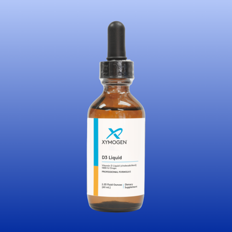 Bottle of Xymogen D3 Liquid on a blue background