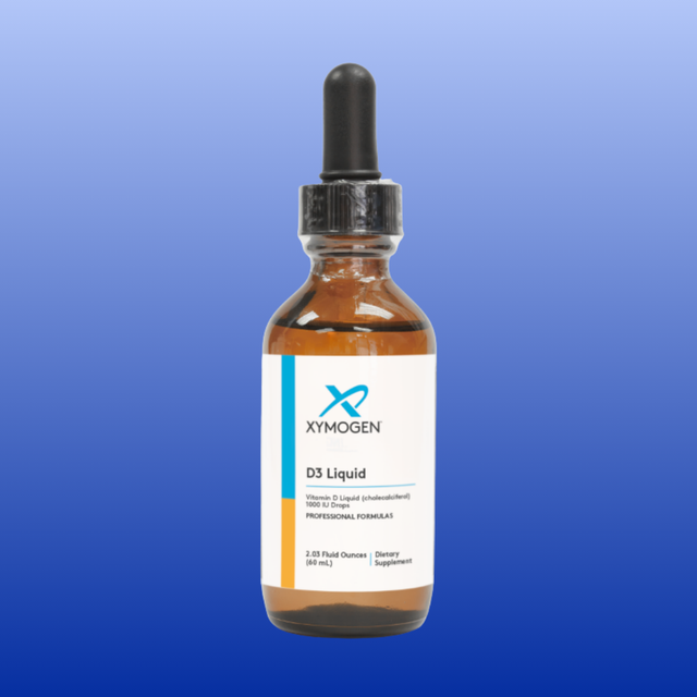 Bottle of Xymogen D3 Liquid on a blue background