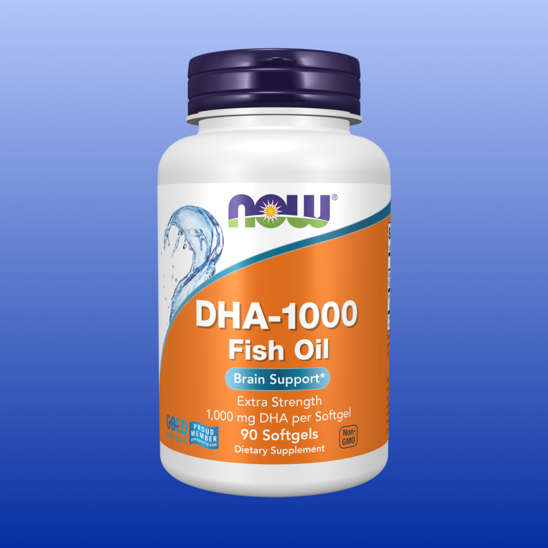 Bottle of NOW DHA-1000 Fish Oil supplement on a blue background
