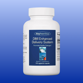Bottle of Allergy Research Group DIM Enhanced Delivery System dietary supplement with 120 vegetable capsules on blue background