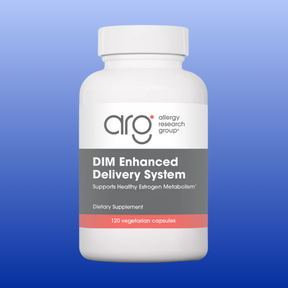 DIM Enhanced Delivery System 120 Capsules by Allergy Research Group bottle against blue background