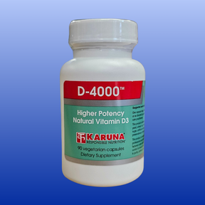 Bottle of Karuna D-4000 vitamin D3 supplement with 90 vegetarian capsules for higher potency natural vitamin D3.