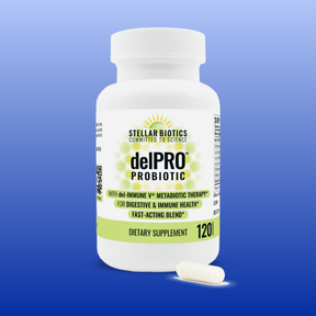 White bottle of Stellar Biotics delPRO probiotic supplement with 120 capsules for digestive and immune health.
