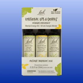 Bach Emotional Ups & Downs Mental Energy Kit with Mustard, Hornbeam, and Olive flower essences in non-alcohol tinctures.
