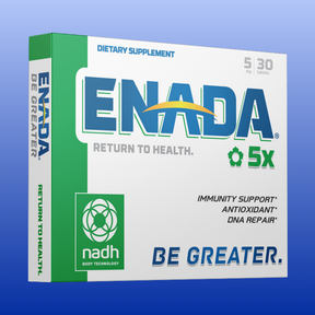 Enada 5x Chlorophyll 30 Tablets dietary supplement box with immunity support and antioxidant benefits shown on blue background