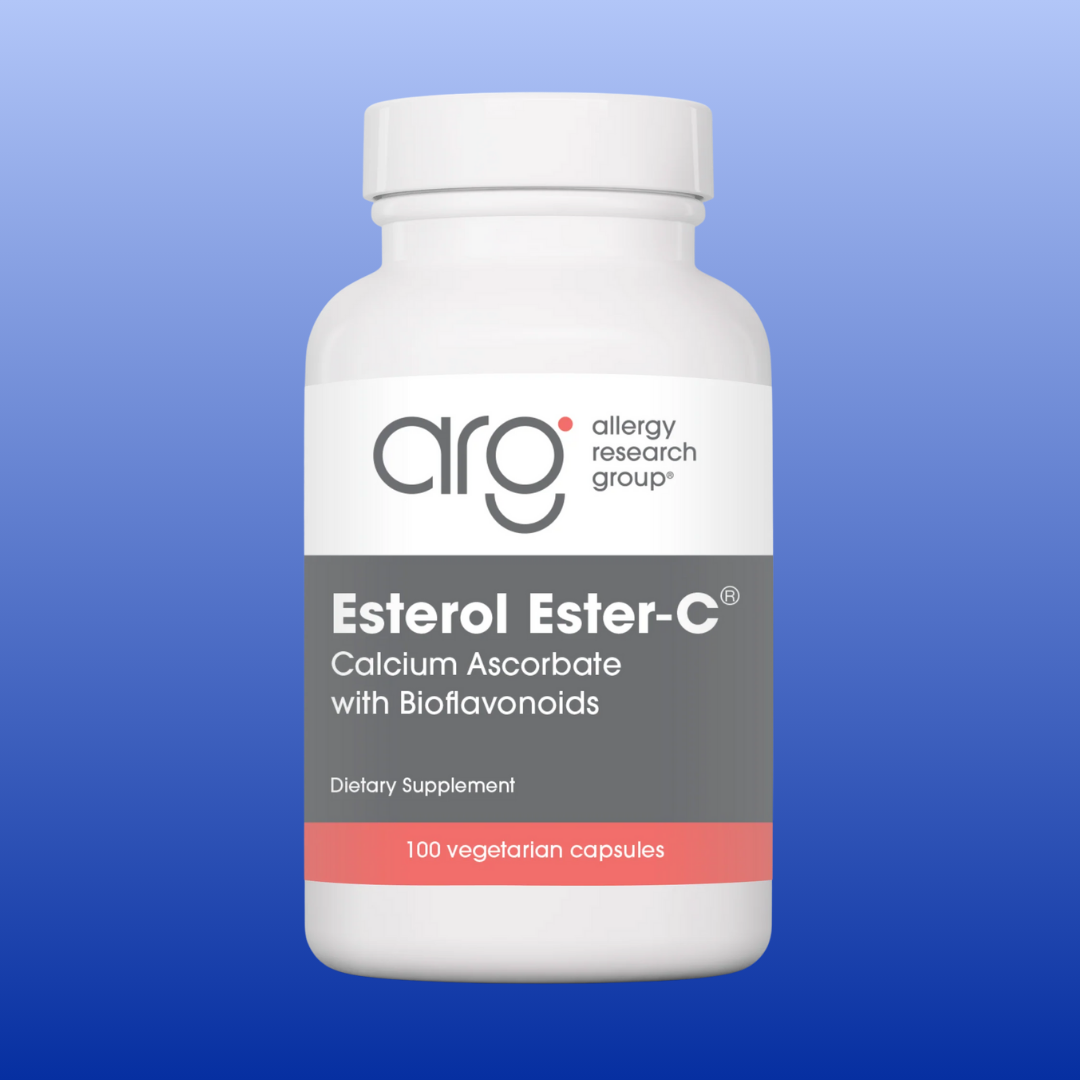 Bottle of Esterol Ester-C calcium ascorbate dietary supplement with bioflavonoids and 100 vegetarian capsules