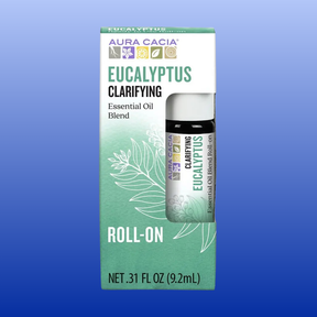 Aura Cacia Eucalyptus Clarifying Essential Oil Blend Roll-On 0.31 fl oz in green packaging on blue background