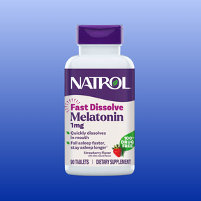Natrol Fast Dissolve Melatonin supplement bottle on a blue background