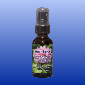 Fear-Less Flourish Spray 1 oz bottle with flower essence and essential oil for fear, anxiety, and panic relief.