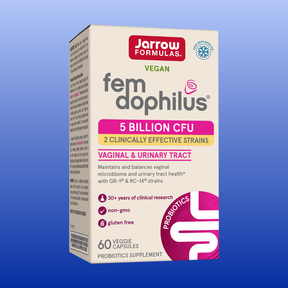 Jarrow Formulas Fem-Dophilus vegan probiotic supplement with 5 billion CFU for vaginal and urinary tract health.