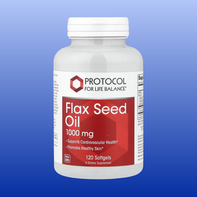 Bottle of Protocol for Life Balance Flax Seed Oil on a blue background