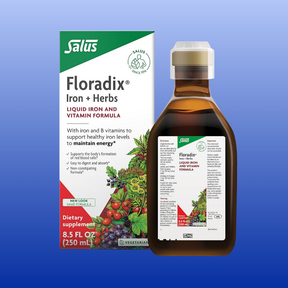 Floradix Iron + Herbs liquid iron supplement bottle and box with natural herbs and vitamin formula label