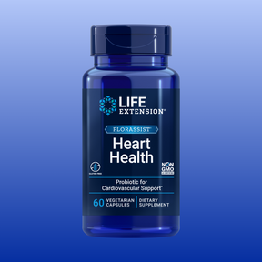 Life Extension FlorAssist Heart Health probiotic supplement bottle with 60 vegetarian capsules for cardiovascular support