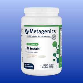 Metagenics GI Sustain dietary supplement for gut health and gastrointestinal support in a 24.2 oz white container