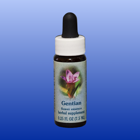 Gentian Flower Essence 0.25 oz herbal supplement with purple flower on label for perseverance and confidence