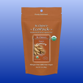 St. Claire's Organic Ginger Pastilles EcoPack 3 oz bag for digestive health, allergen-free, vegan, and USDA organic certified.