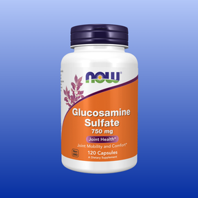 Bottle of NOW Glucosamine Sulfate 750 mg with 120 capsules for joint health, mobility, and comfort supplement