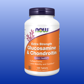 NOW Extra Strength Glucosamine and Chondroitin supplement bottle for joint health, mobility, and comfort, 120 tablets