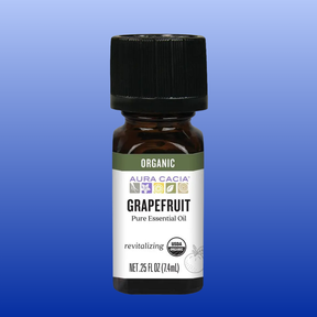 Organic Aura Cacia grapefruit pure essential oil bottle 0.25 oz with revitalizing aroma and USDA organic seal