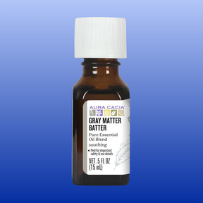 Aura Cacia Gray Matter Batter essential oil blend bottle with peppermint, spearmint, lavender, and chamomile aromas